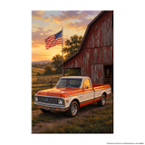 Chevy C10 Orange and White Barn with US Flag Canvas Wall Art
