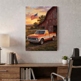 Chevy C10 Orange and White Barn with US Flag Canvas Wall Art