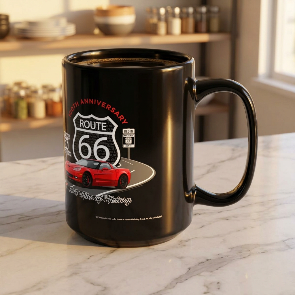 C6 Corvette Route 66 100th Anniversary 15oz Black Coffee Mug – 2,448 Miles of History