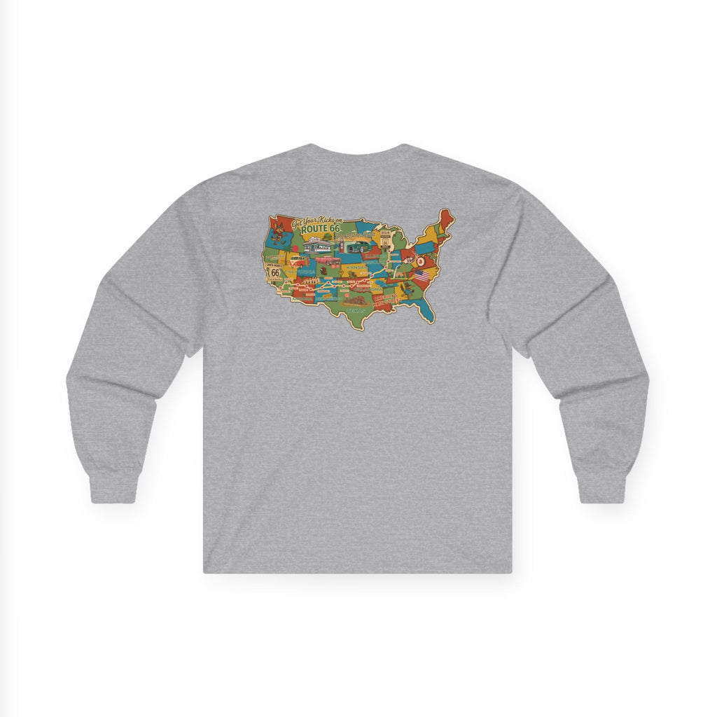 Legends of Route 66 100th Anniversary USA Map Cotton Front and Back Printed Tee - Long Sleeve