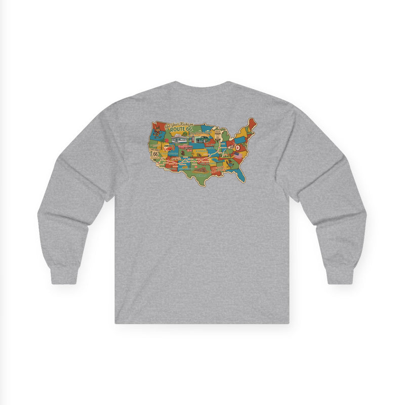 Legends of Route 66 100th Anniversary USA Map Cotton Front and Back Printed Tee - Long Sleeve