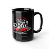 Black mug with Route 66 design featuring a red car on a white background