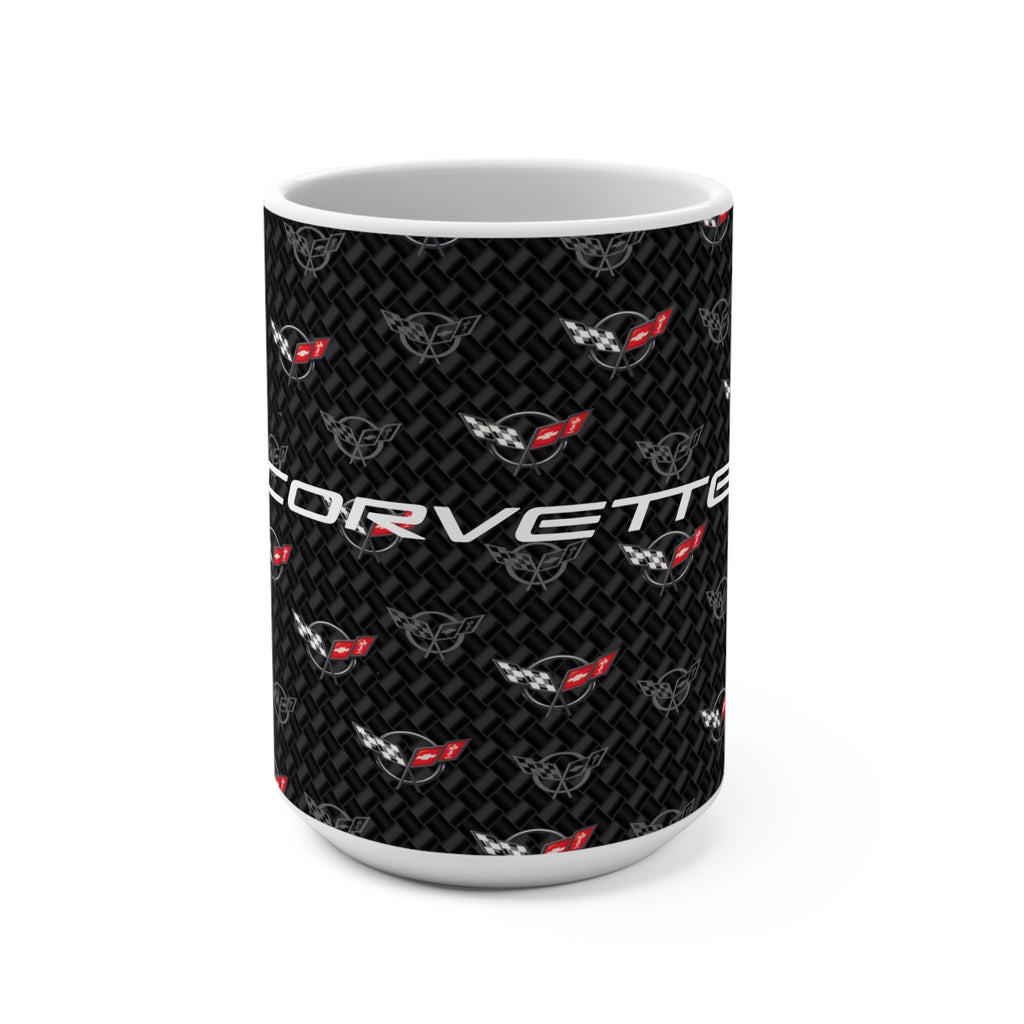Corvette C5 15oz Ceramic Mug – Corvette Script & C5 Logos on Carbon Background, Perfect Corvette Fan Gift