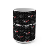 Corvette C5 15oz Ceramic Mug – Corvette Script & C5 Logos on Carbon Background, Perfect Corvette Fan Gift