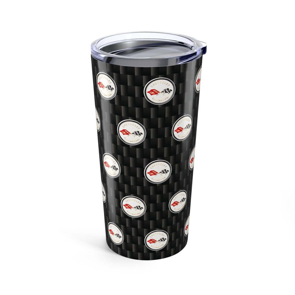 Corvette C1 Logo Repeat Pattern Carbon Tumbler 20oz | Retro Car Lover Travel Cup, Gift for Him, Car Enthusiast, Father's Day, Road Trip