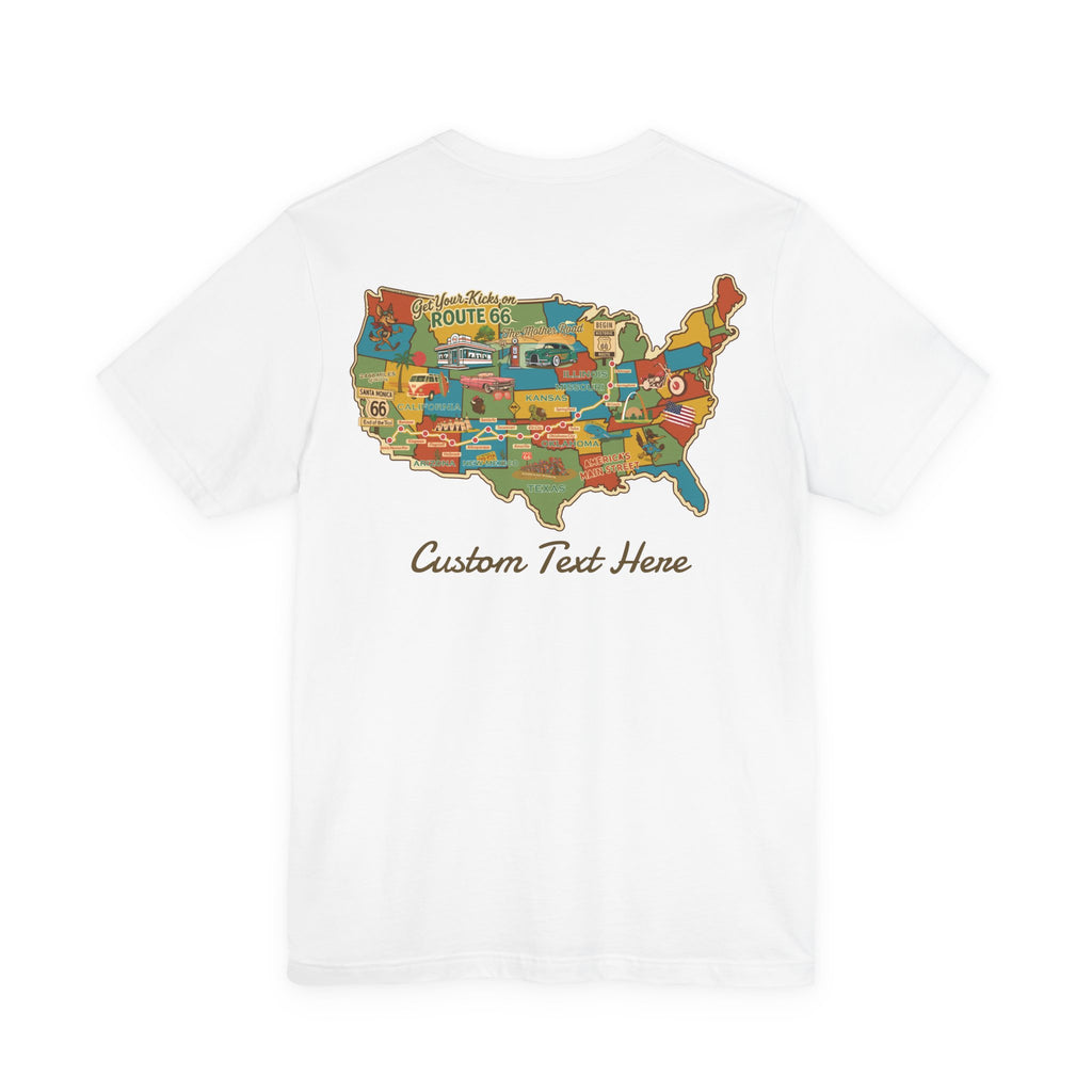 Legends of Route 66 100th Anniversary Landmark Map Design Cotton Front and Back Printed Personalized Short Sleeve Tee