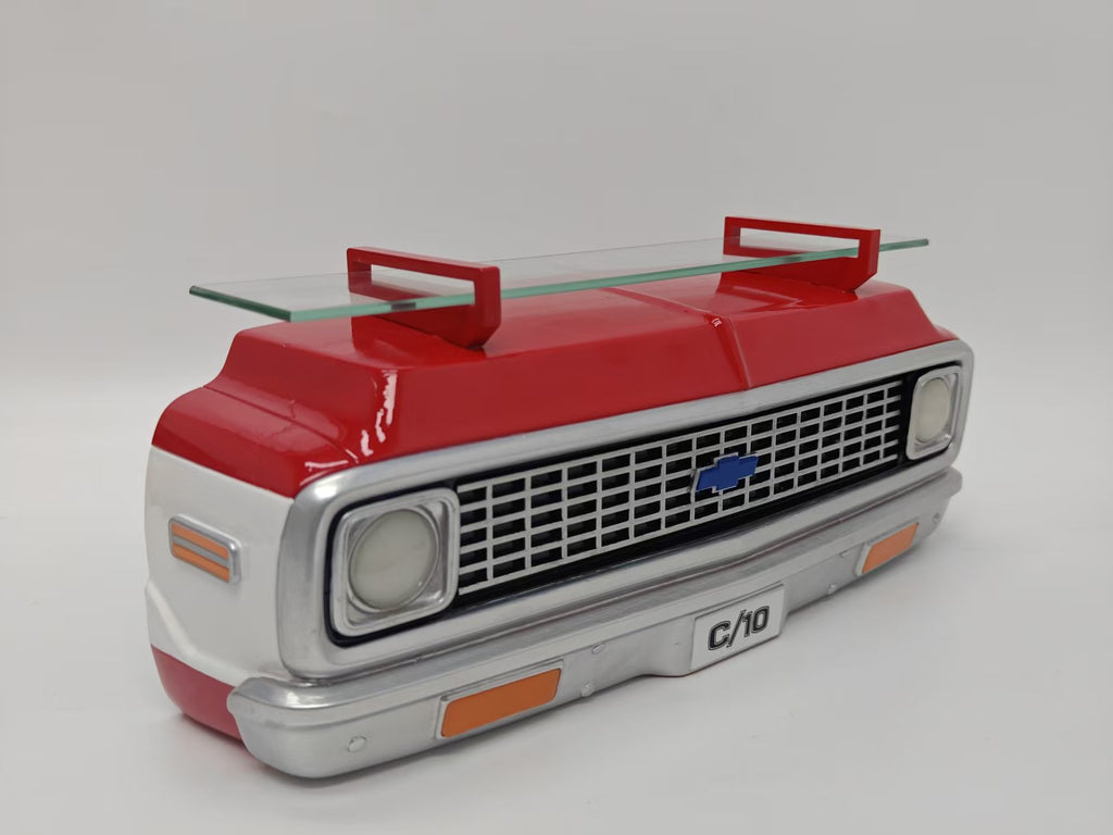 1972 C10 Truck Red, White Wall Shelf, 19.7x6.1x7.9 inches, Tempered Glass, Battery Powered LED Headlights, Car Enthusiast Gift, Classic Truck Decor, Chevy Collector Item