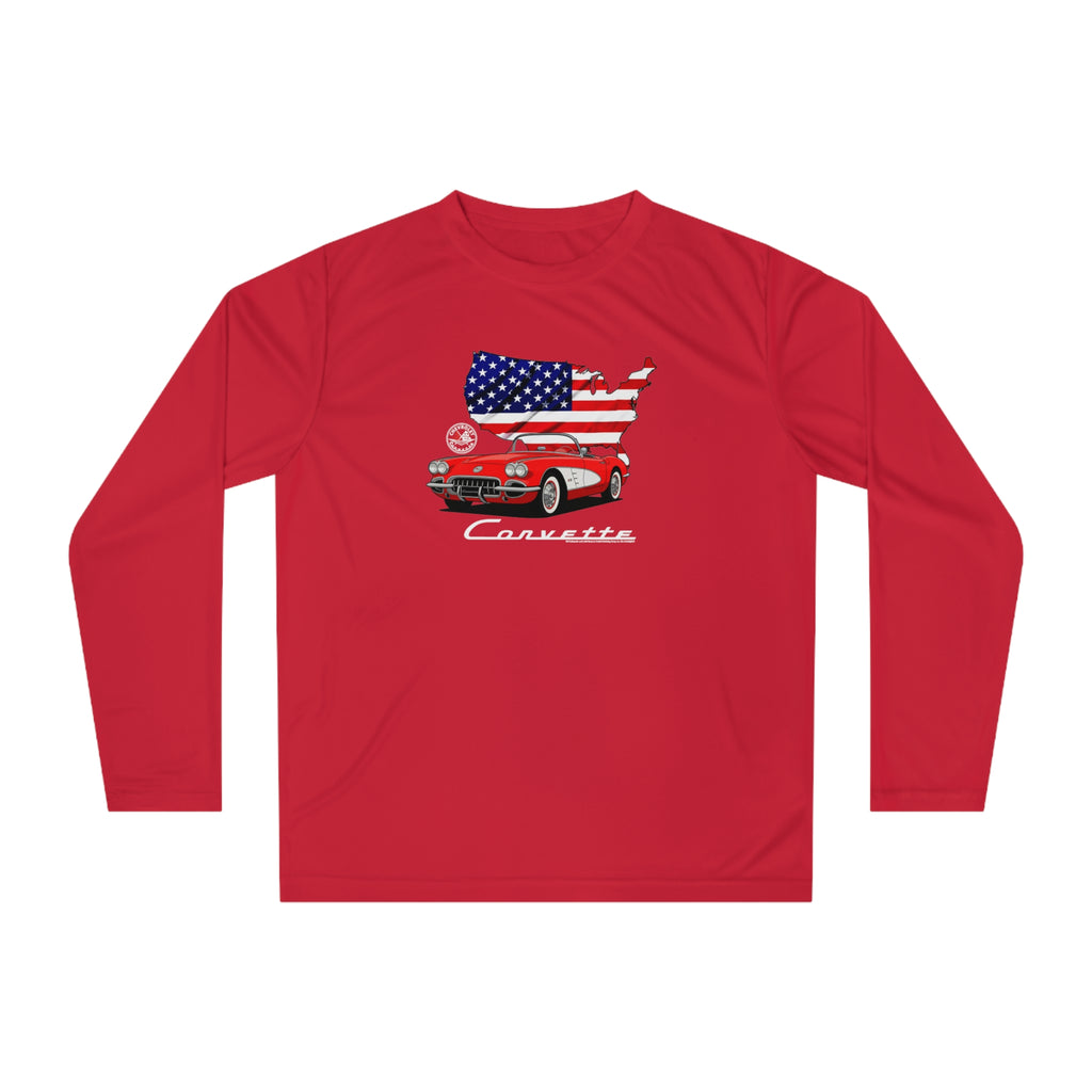 C1 Corvette American Flag Hooded Performance Long Sleeve Tee Legends of the Road – Perfect for the Corvette Fan
