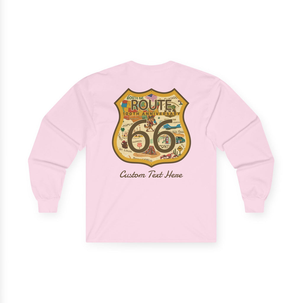 Legends of Route 66 100th Anniversary Iconic Highway Shield Design Cotton Front and Back Printed Personalized Tee- Long Sleeve