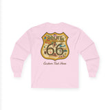 Legends of Route 66 100th Anniversary Iconic Highway Shield Design Cotton Front and Back Printed Personalized Tee- Long Sleeve