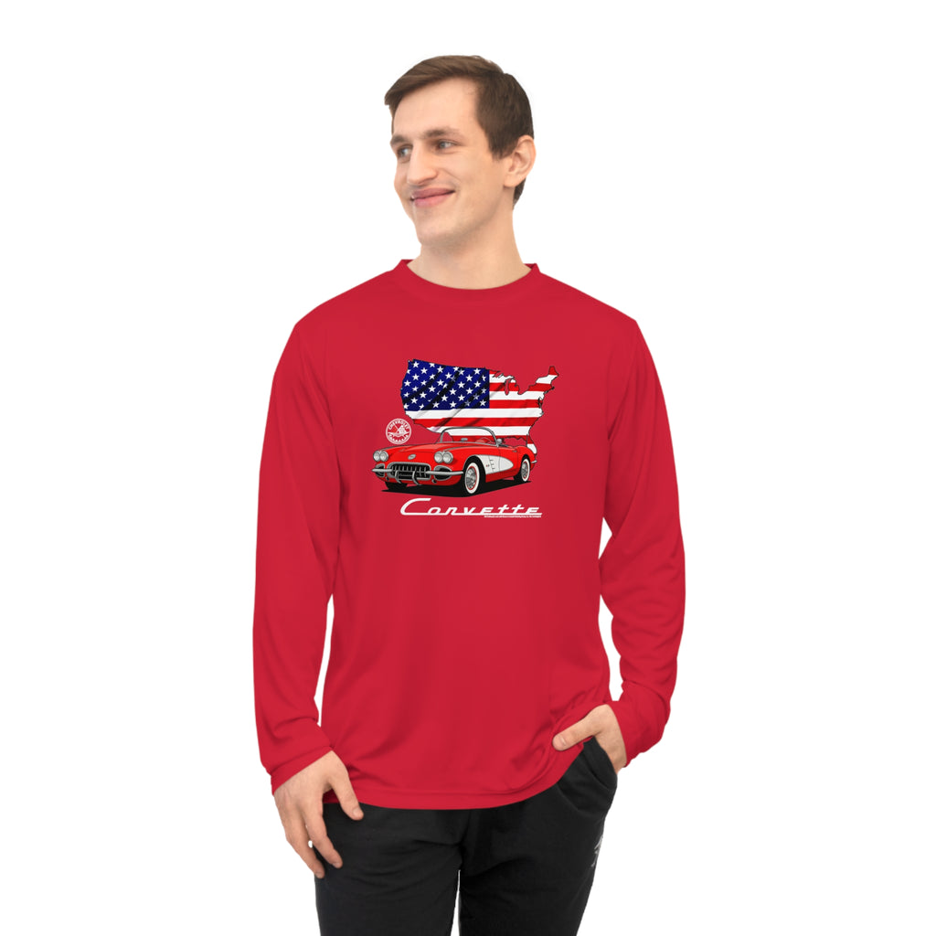 C1 Corvette American Flag Hooded Performance Long Sleeve Tee Legends of the Road – Perfect for the Corvette Fan