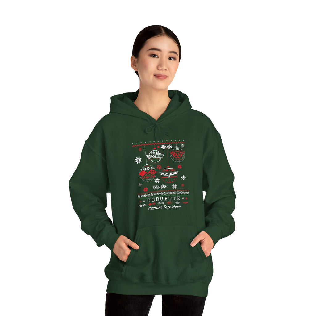 Personalized Corvette Ugly Christmas Sweater Hooded Sweatshirt, Cotton-Blend Hoodie, Featuring C1-C6 Flag Logos, Gift Idea