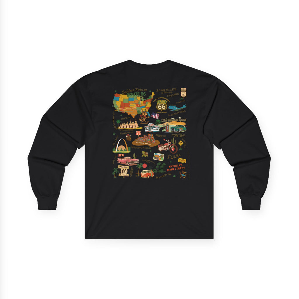 Legends of Route 66 100th Anniversary Landmark Collage Design Cotton Front and Back Printed Tee – Long Sleeve