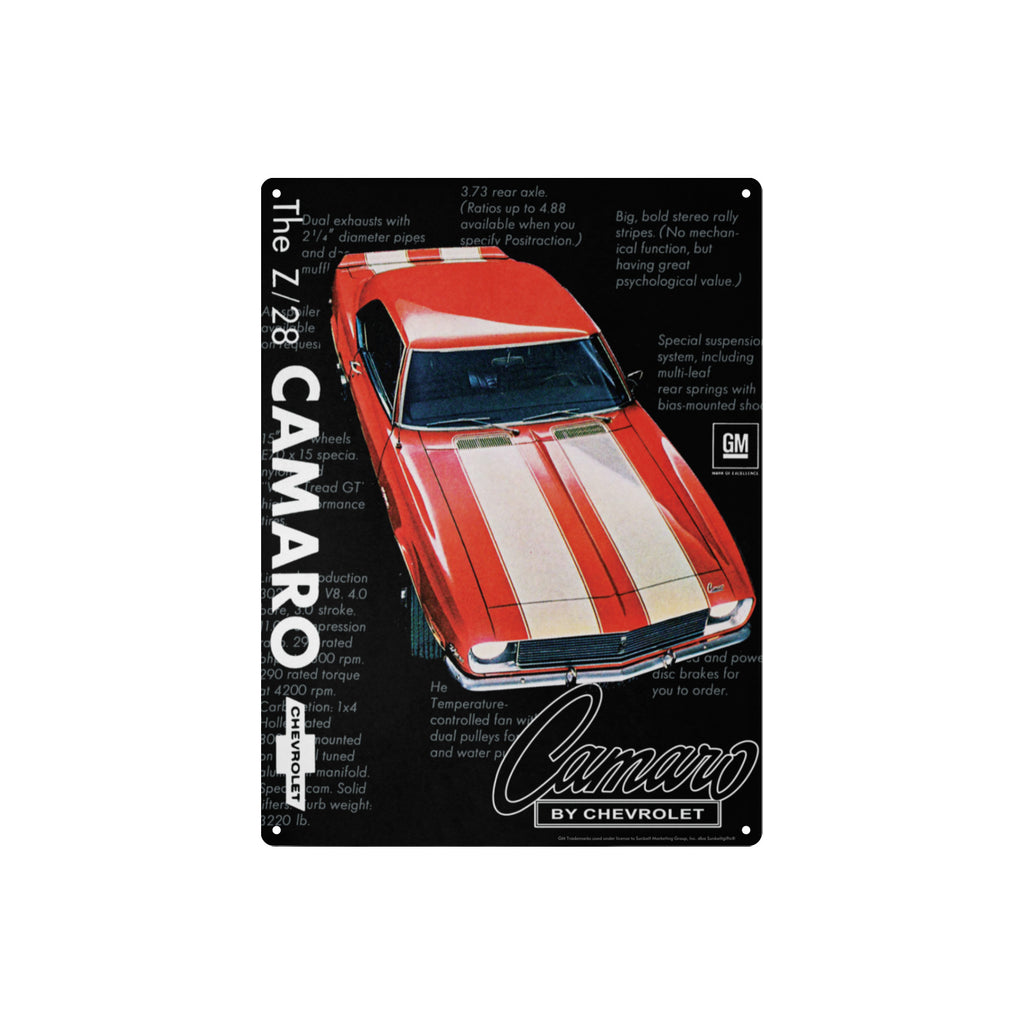 Chevrolet Camaro Z28 Red with White Stripes 16 x 12 inch Tin Sign – Classic Vintage Car Wall Art, Classic Muscle Car Decor for Garage, Man Cave, Bar, or Home