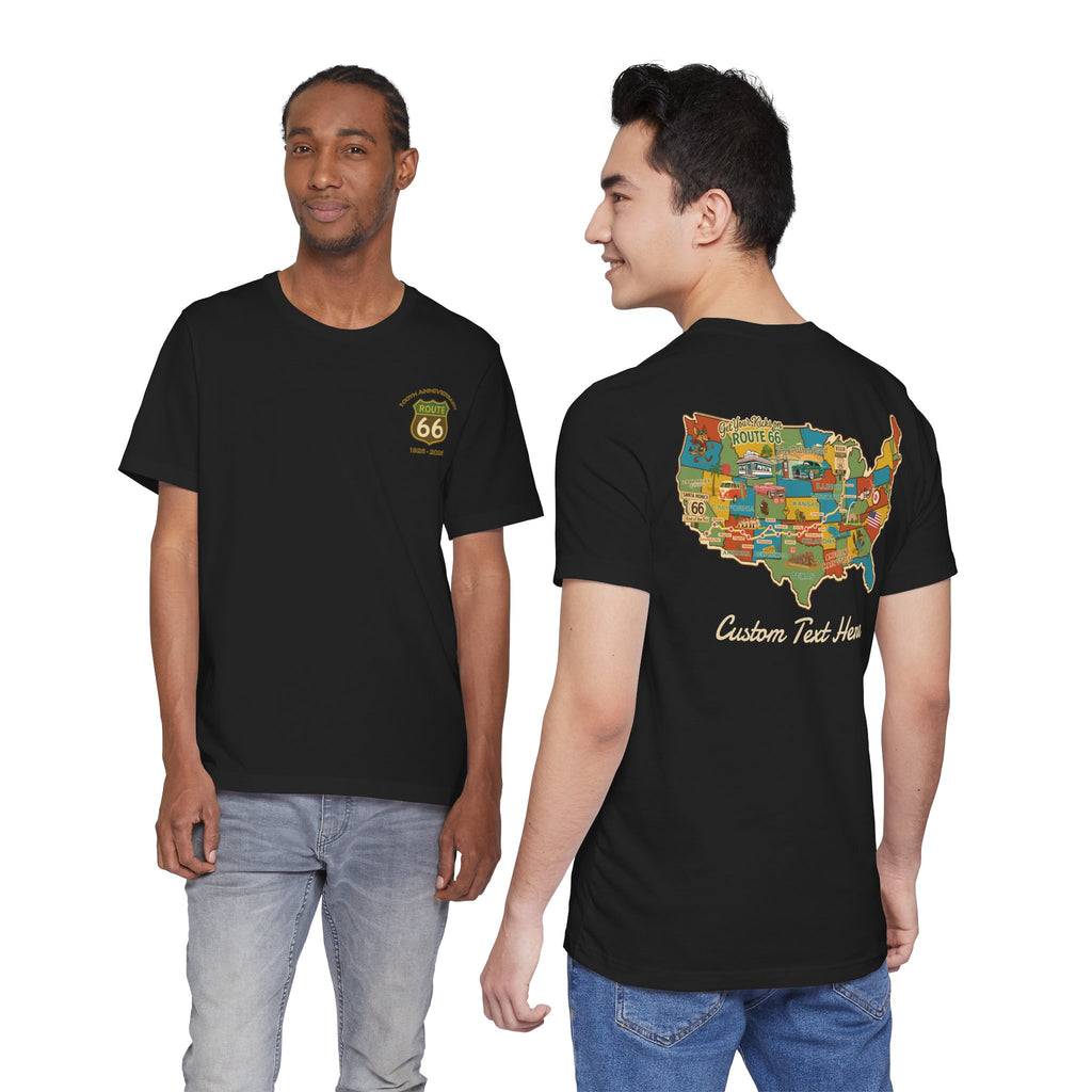 Legends of Route 66 100th Anniversary Landmark Map Design Cotton Front and Back Printed Personalized Short Sleeve Tee