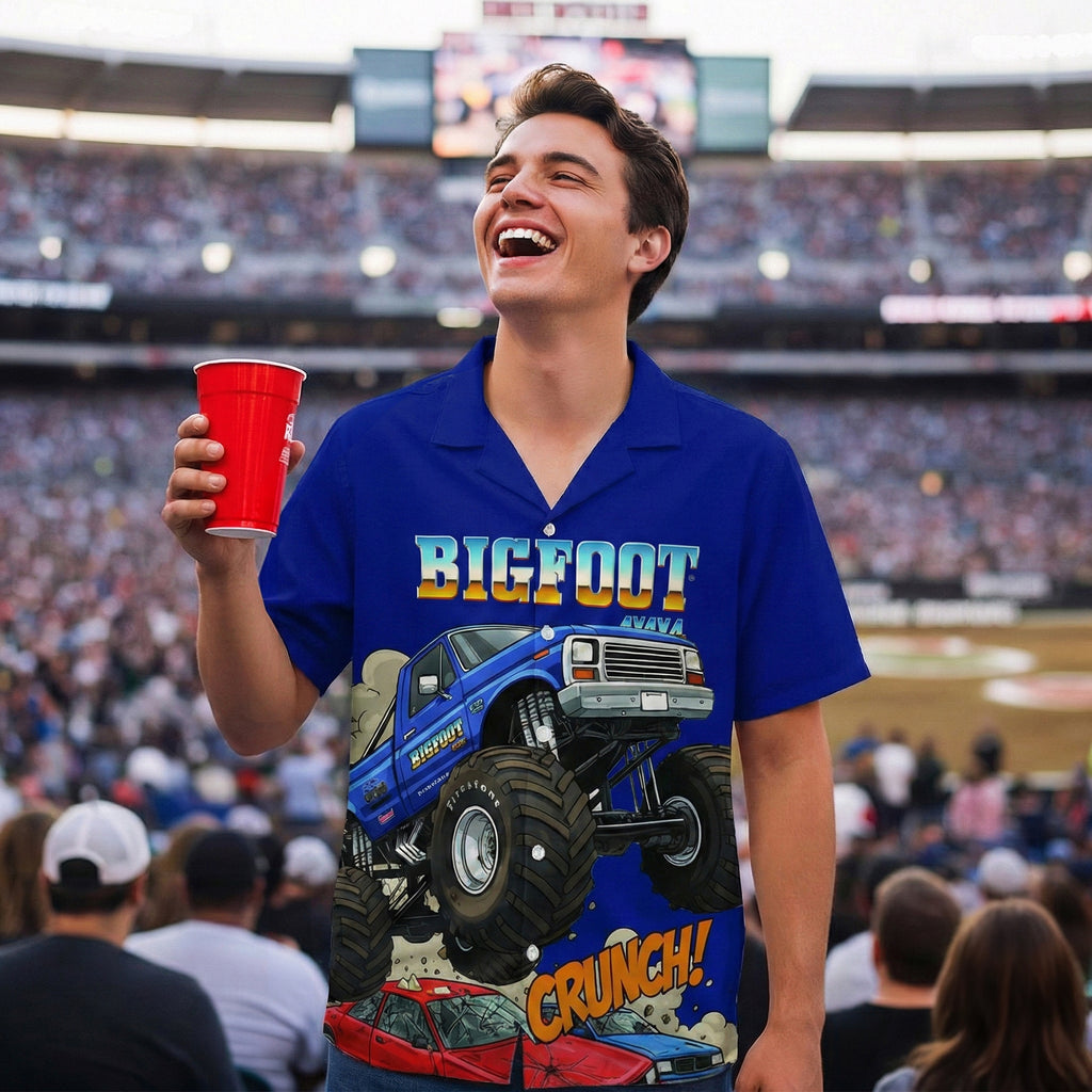 BIGFOOT 4x4 Monster Truck Hawaiian Shirt – CRUNCH! Design, Blue Short Sleeve for Men