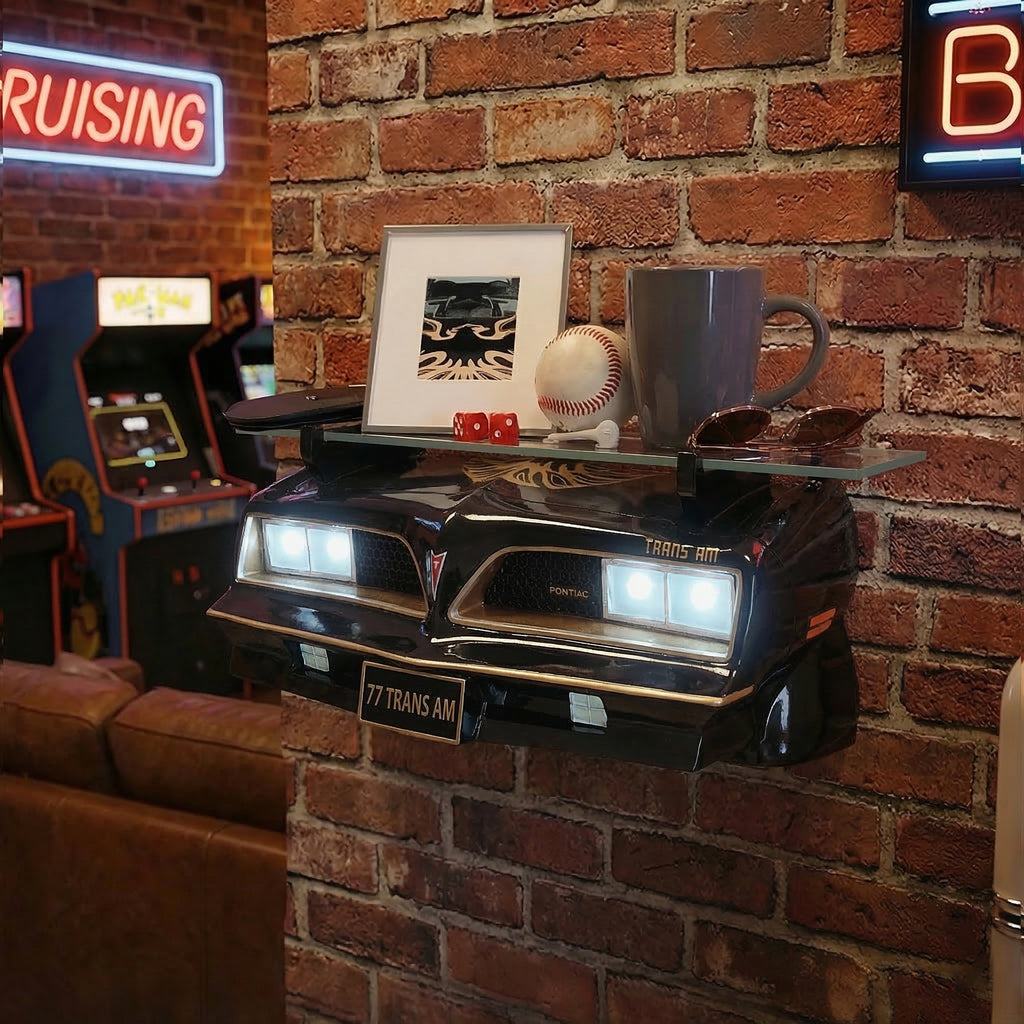 Sunbeltgifts 1977 SE Pontiac Trans AM Wall Floating Shelf, Black and Golds, 19x7.1x7.2 inches, Tempered Glass, Battery Powered LED Headlights, Car Enthusiast Gift, Classic Car Decor, Pontiac Collector