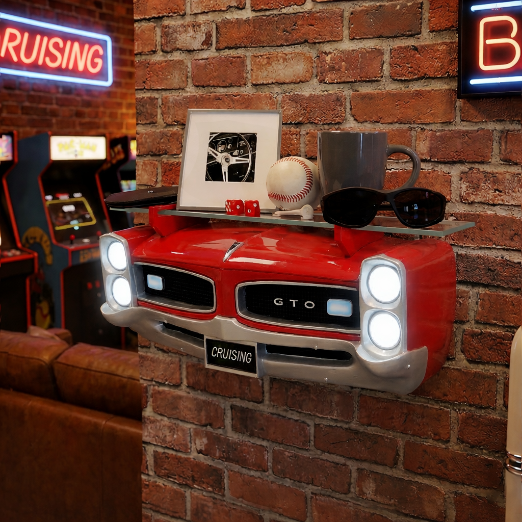 Sunbeltgifts 1966 Pontiac GTO Floating Wall Shelf, Red, 19.5x6.5x8 inches, Tempered Glass, Battery Operated LED Headlights, GTO fans, Gift for Vintage Car Enthusiasts, Man Cave Decor, Automotive Decor