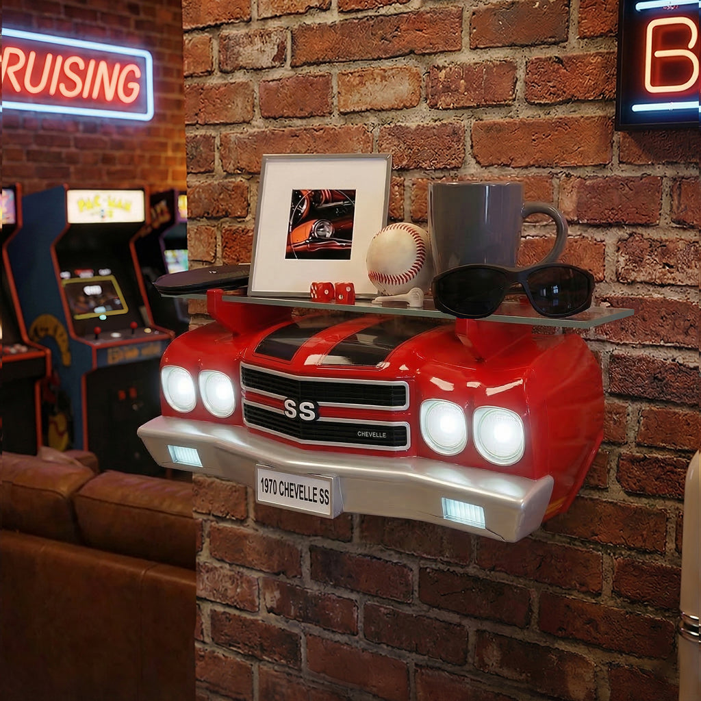 Sunbeltgifts 1970 Chevy Chevelle SS Floating Wall Shelf, Red with Black Stripes, LED Headlights, 19.5 x 6.7 x 6.7 inches, Tempered Glass, Classic Car Decor, Man Cave, Gifts for Car Enthusiasts
