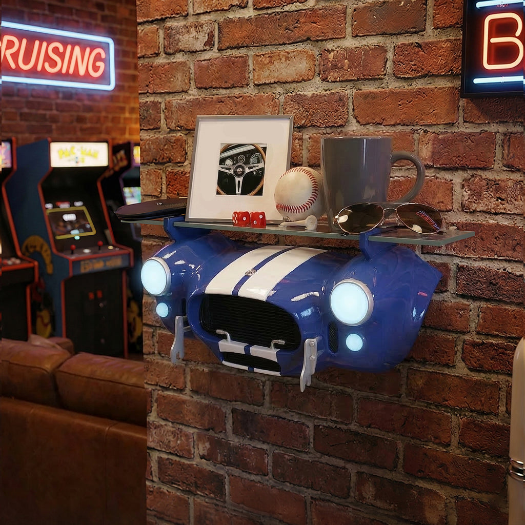 Sunbeltgifts Shelby Cobra 427 Wall Shelf, Blue with White Stripes, 19.70x8.50x10.4 inches, Tempered Glass, Battery Powered LED Headlights, Car Lover Gift, Classic Auto Decor, Cobra Collectible