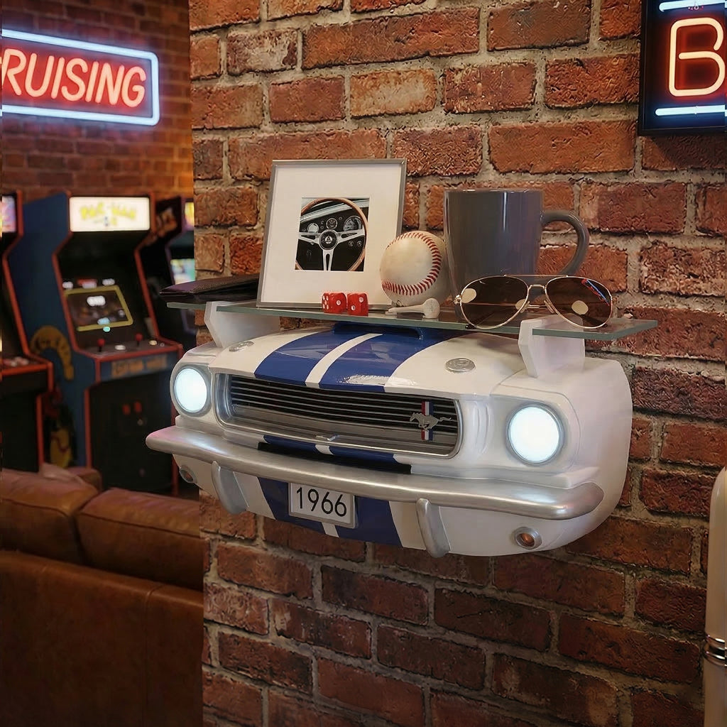 Sunbeltgifts 1966 Carroll Shelby GT350 Floating Shelf, White with Blue Stripes, 19.7x5.9x7.9 inches, Tempered Glass, LED Headlights, Automotive Wall Decor, Shelby Lover Gift, Vintage Car Enthusiast
