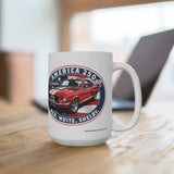 White mug with a red car design featuring 'America 250' and 'Red. White. Shelby.' text on a wooden surface.