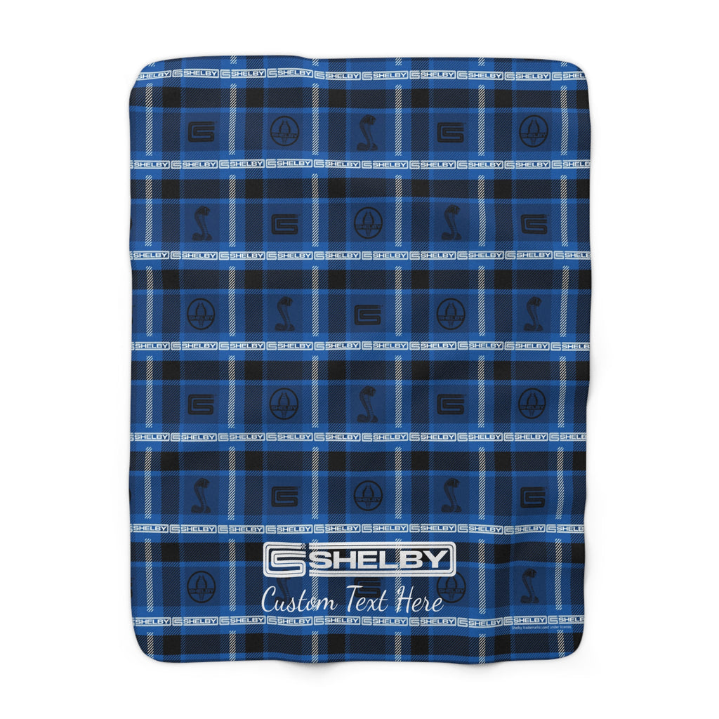 Carroll Shelby Blue with White Stripe Personalized Plaid Sherpa Blanket, 50x60", Warm and Cozy with Plush Backside, Custom Text Option, Home Decor, Shelby Fans