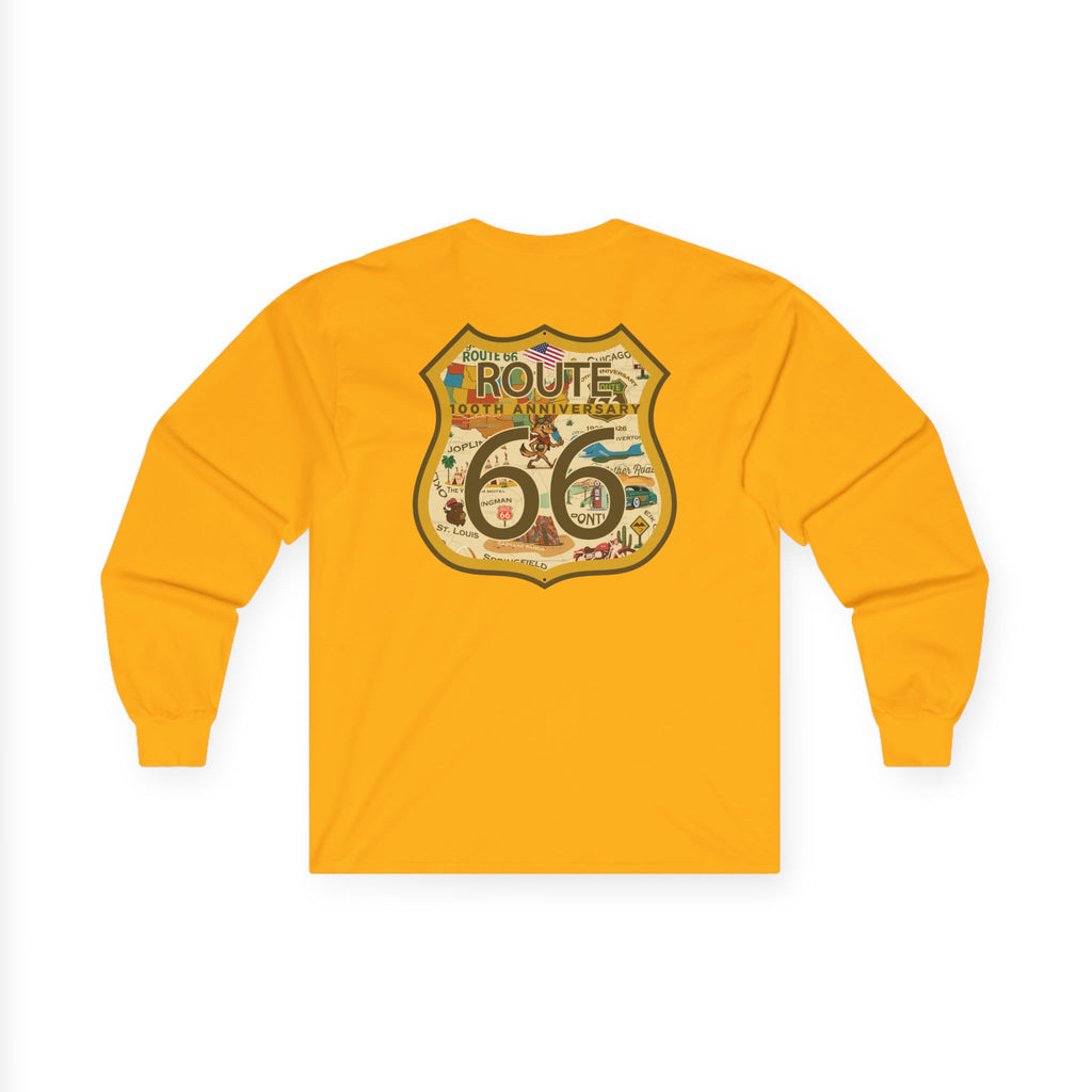 Legends of Route 66 100th Anniversary Iconic Highway Shield Design Cotton Front and Back Printed Tee - Long Sleeve