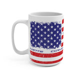 White mug with American flag design and 'Corvette' text on a white background