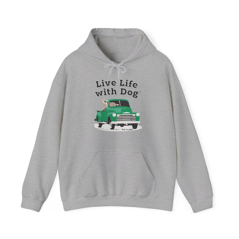 Dog is Good "Live Life with Dog" Truck Hoodie, Unisex Fleece Pullover for Dog Lovers, Cozy Sweatshirt for Pet Owners and Truck Lovers