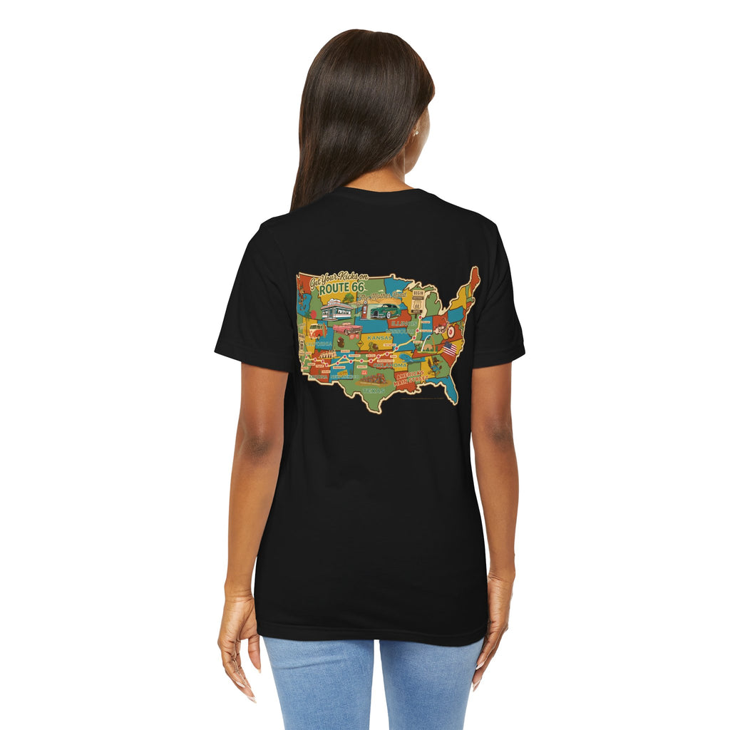 Legends of Route 66 100th Anniversary Landmark Map Design Cotton Front and Back Printed Short Sleeve Tee