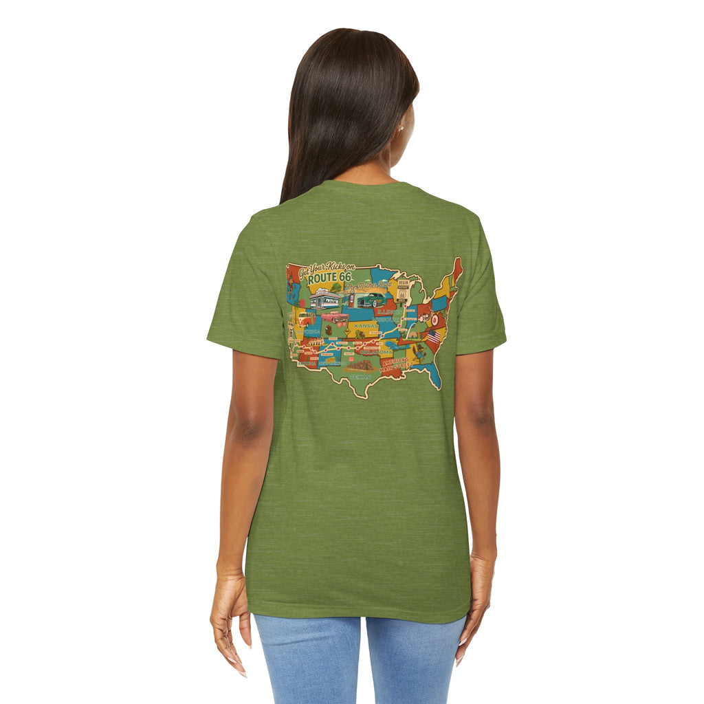 Legends of Route 66 100th Anniversary Landmark Map Design Cotton Front and Back Printed Short Sleeve Tee