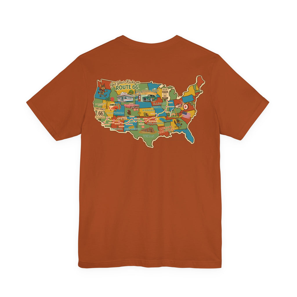 Legends of Route 66 100th Anniversary Landmark Map Design Cotton Front and Back Printed Short Sleeve Tee