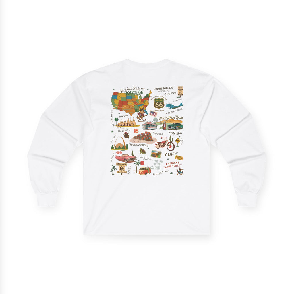 Legends of Route 66 100th Anniversary Landmark Collage Design Cotton Front and Back Printed Tee- Long Sleeve