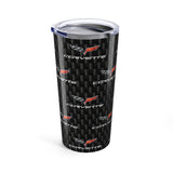 Corvette C6 Logo Repeat Pattern Carbon Tumbler 20oz | Retro Car Lover Travel Cup, Gift for Him, Car Enthusiast, Father's Day, Road Trip