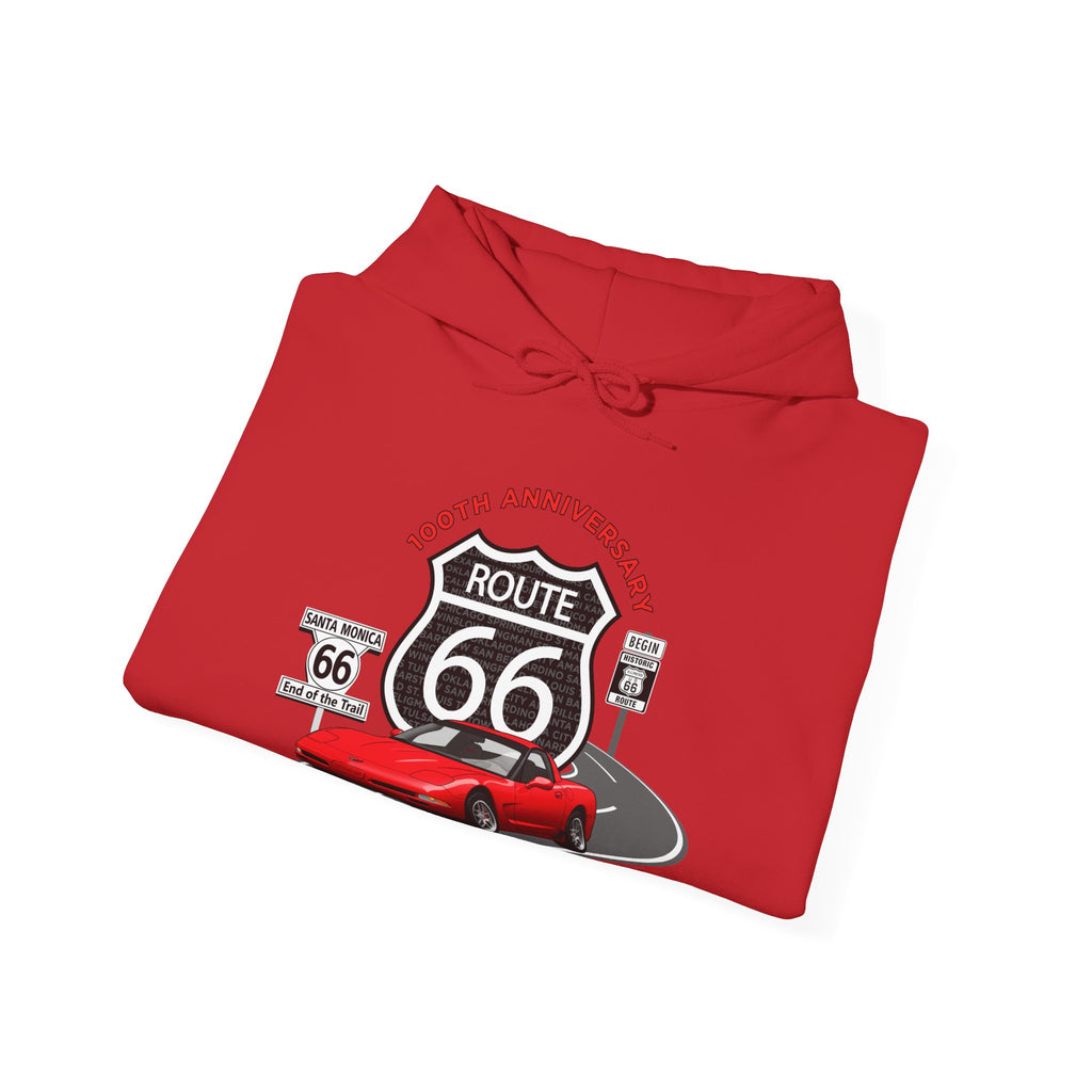 C5 Corvette Route 66 100th Anniversary Hooded Sweatshirt – Legends of the Road, Perfect for the Corvette Fan