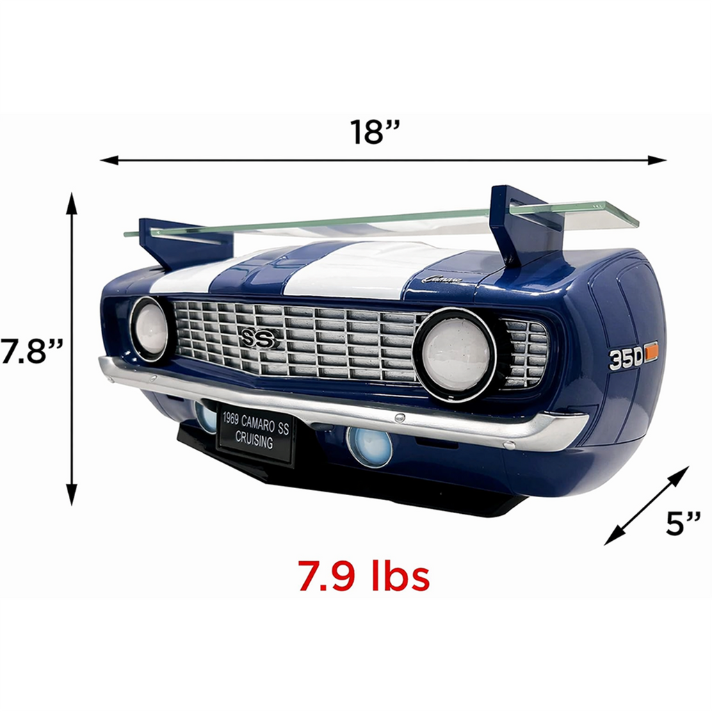 Sunbeltgifts 1969 Chevrolet Camaro SS Wandregal, Schwarz mit weißen Streifen, 49,5 x 15 x 20 cm, Sicherheitsglas, Batteriebetriebene LED-Scheinwerfer, Dekor für Chevy-Auto-Liebhaber, Geschenkidee für Muscle-Car-Fans

