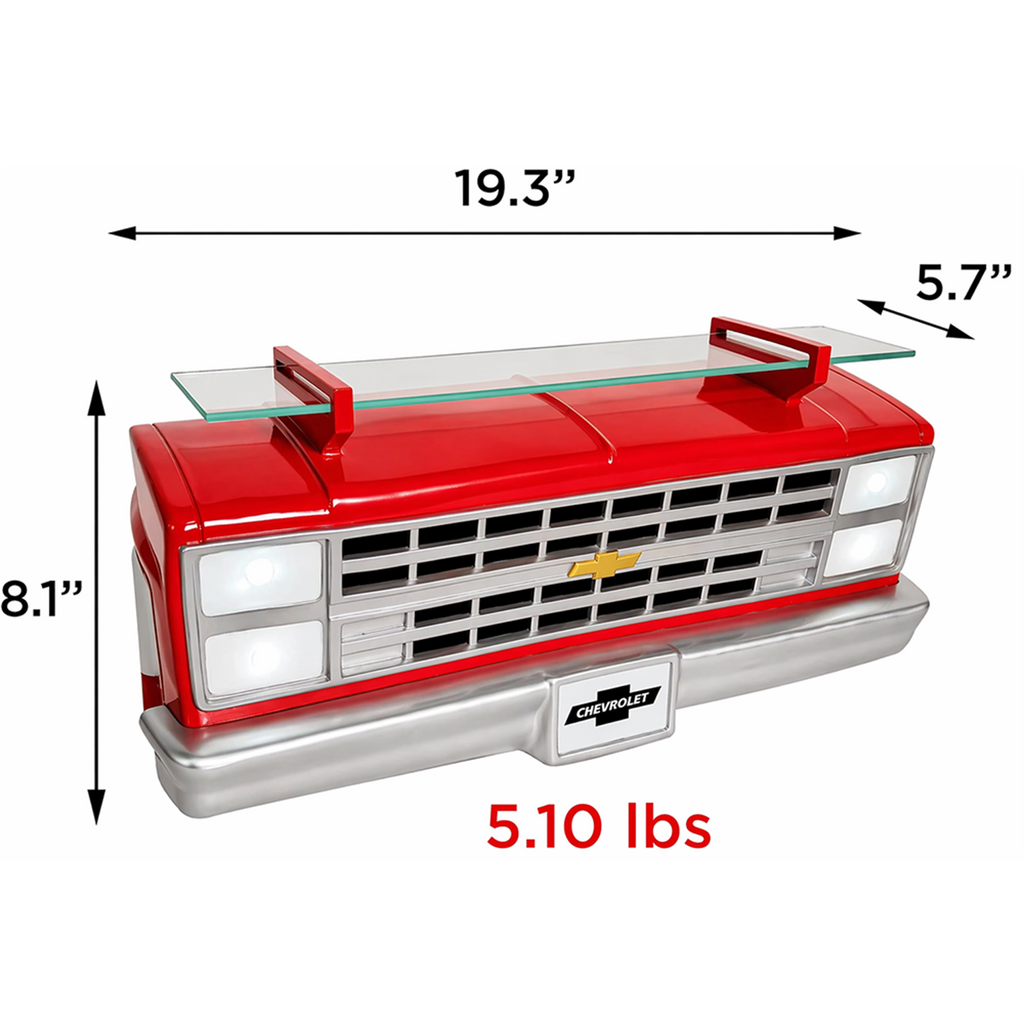 Sunbeltgifts 1985 Chevrolet C10 Truck Wall Shelf, Red, 19.30x5.70x8.10 inches, Tempered Glass, Battery Powered LED Headlights, Car Enthusiast Gift, Classic Truck Decor, Chevy Collector Item