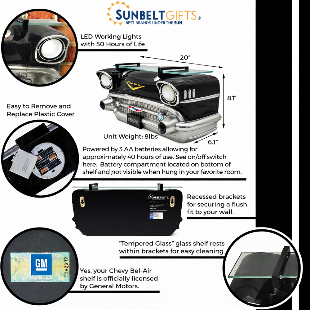 Sunbeltgifts 1957 Chevrolet Bel Air Wall Shelf, Floating Shelf, Tempered Glass, Black, 20x6.1x8 inches, Functional LED Headlights, Battery Operated, Chevy Decor, Unique Gift for Classic Car Enthusiast