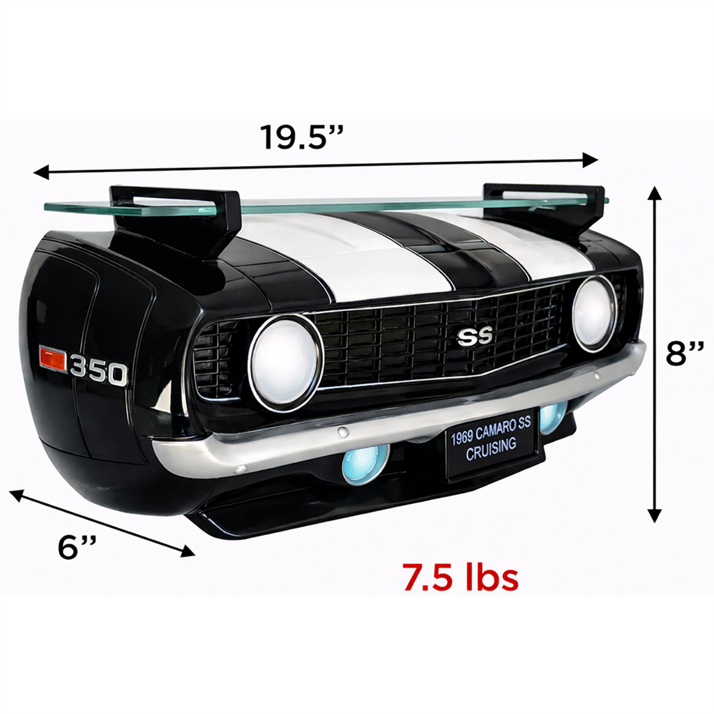Sunbeltgifts 1969 Chevrolet Camaro SS Floating Wall Shelf, Black with White Stripes, 19.5x6x8 inches, Tempered Glass, Battery Powered LED Headlights, Chevy Car Lovers Decor, Muscle Car Fan Gift Idea