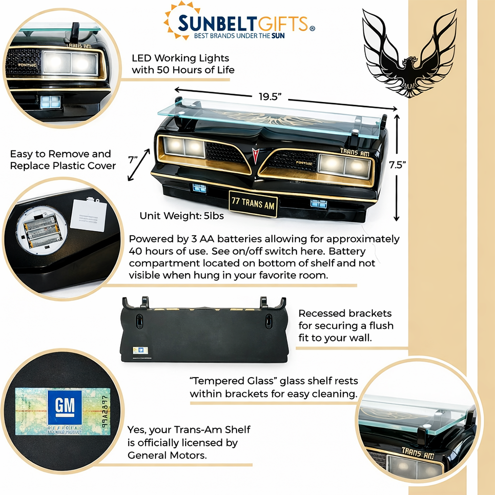 Sunbeltgifts 1977 SE Pontiac Trans AM Wall Floating Shelf, Black and Golds, 19x7.1x7.2 inches, Tempered Glass, Battery Powered LED Headlights, Car Enthusiast Gift, Classic Car Decor, Pontiac Collector