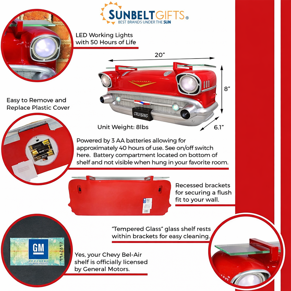 Sunbeltgifts 1957 Chevy Bel Air Wall Shelf, Floating Shelf, Red, 20x6.1x8 inches, Tempered Glass, LED Headlights, Battery Operated, Classic Car Wall Decor, Novelty Gift, Gift Idea for Car Fans