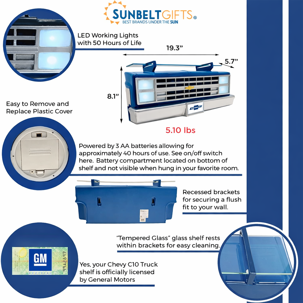 Sunbeltgifts 1985 Chevrolet C10 Truck Wall Shelf, Skyline Blue, 19.30x5.70x8.10 inches, Tempered Glass, Battery Powered LED Headlights, Car Enthusiast Gift, Classic Truck Decor, Chevy Collector Item
