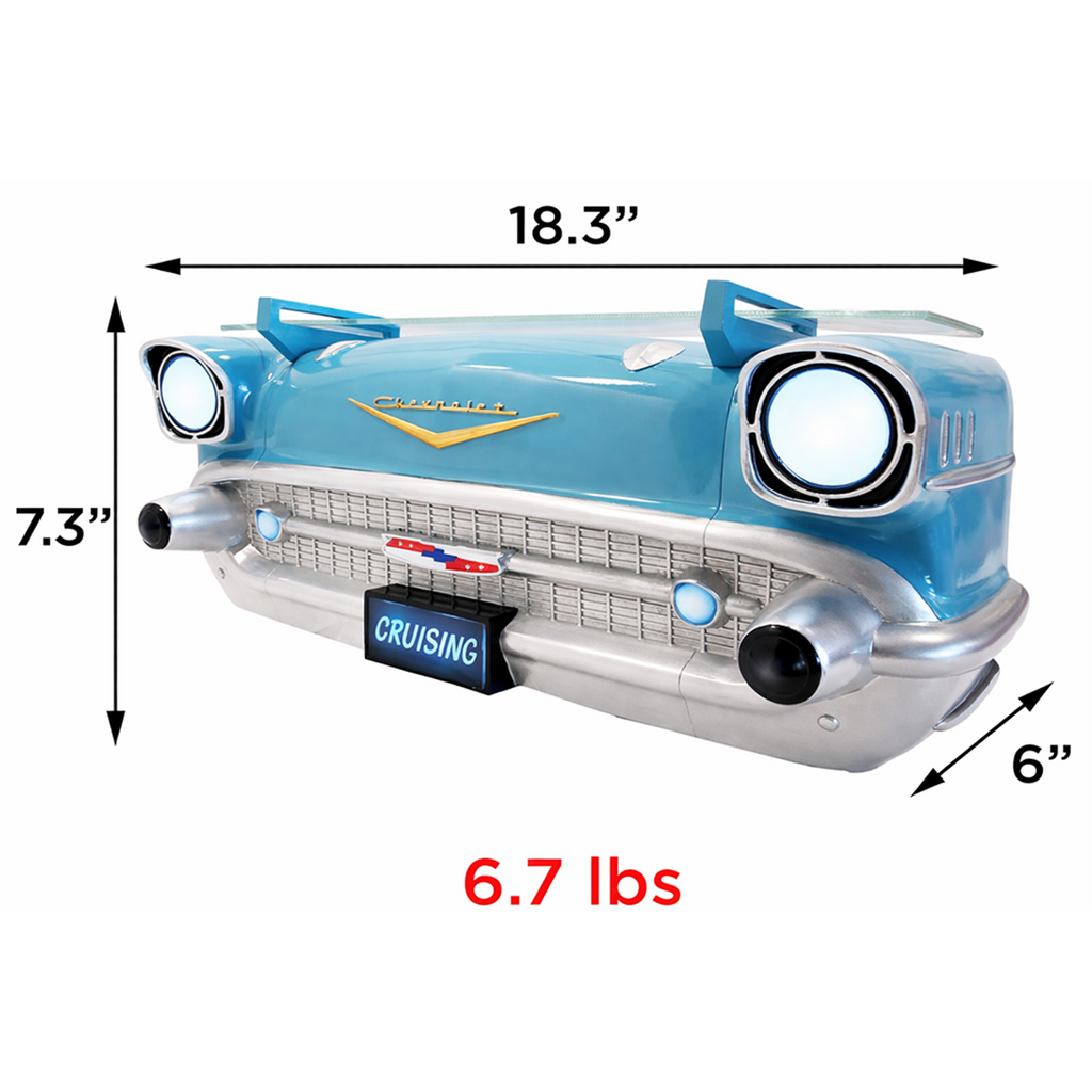 1957 Chevy Bel Air Wall Shelf, Floating Shelf, Turquoise 20x6.1x8 inches, Tempered Glass, LED Headlights, Battery Operated, Classic Car Wall Decor, Novelty Gift, Gift Idea for Car Fans