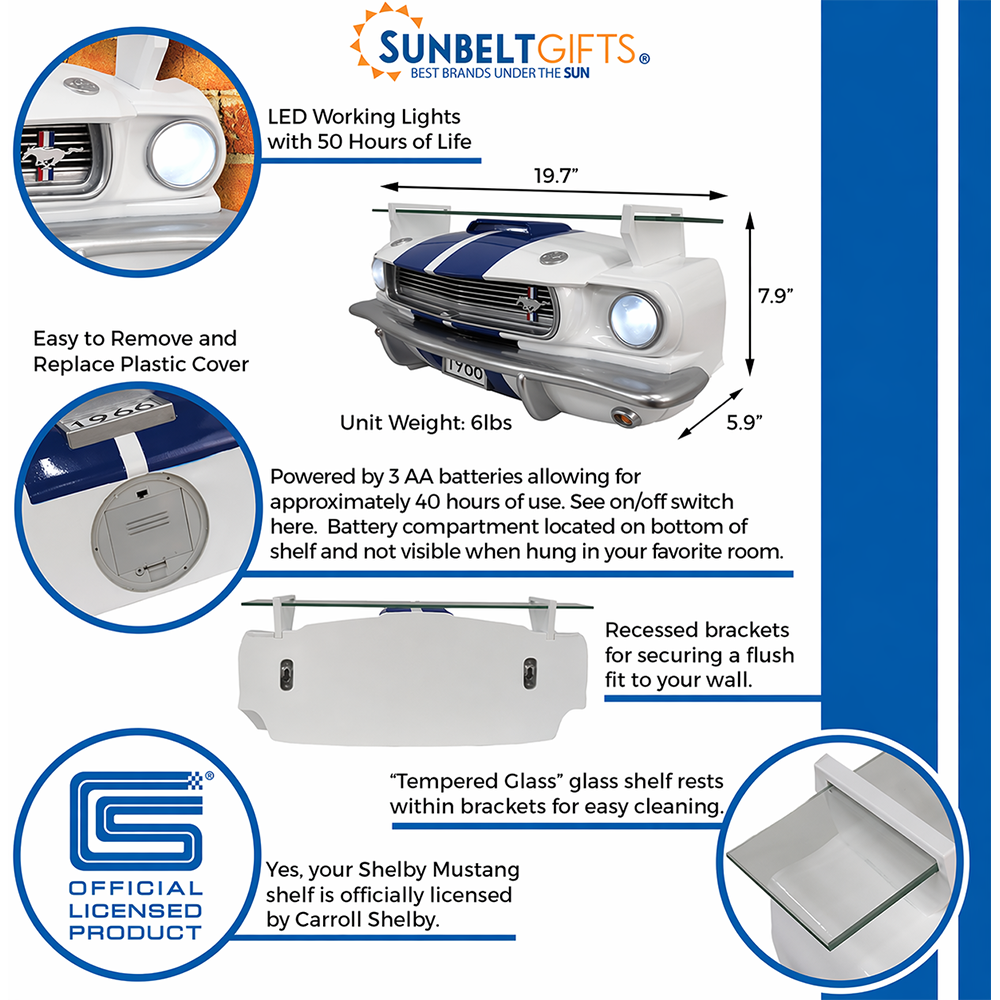 Sunbeltgifts 1966 Carroll Shelby GT350 Floating Shelf, White with Blue Stripes, 19.7x5.9x7.9 inches, Tempered Glass, LED Headlights, Automotive Wall Decor, Shelby Lover Gift, Vintage Car Enthusiast