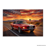 Carroll Shelby Red GT500 Sports Coupe Desert Highway American Flag Landscape Canvas Wall Art