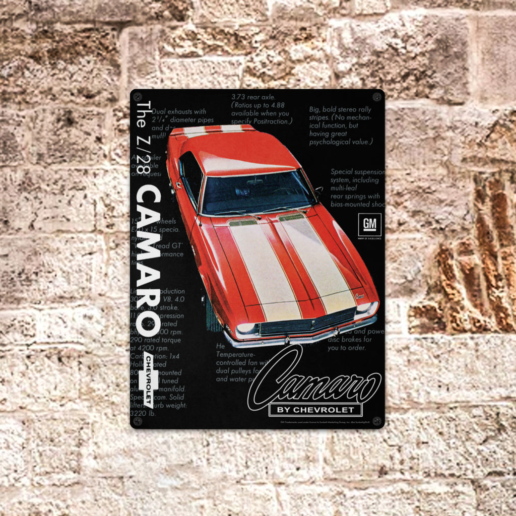Chevrolet Camaro Z28 Red with White Stripes 16 x 12 inch Tin Sign – Classic Vintage Car Wall Art, Classic Muscle Car Decor for Garage, Man Cave, Bar, or Home
