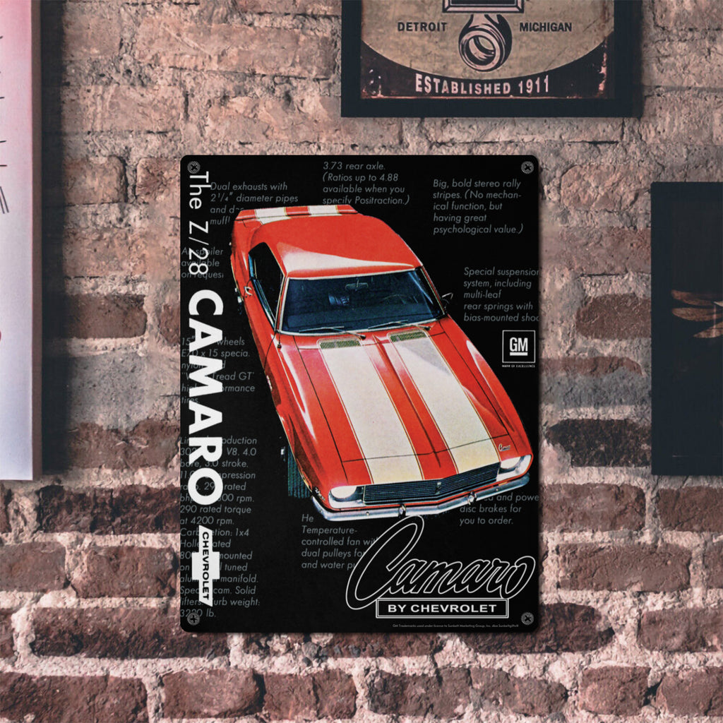 Chevrolet Camaro Z28 Red with White Stripes 16 x 12 inch Tin Sign – Classic Vintage Car Wall Art, Classic Muscle Car Decor for Garage, Man Cave, Bar, or Home