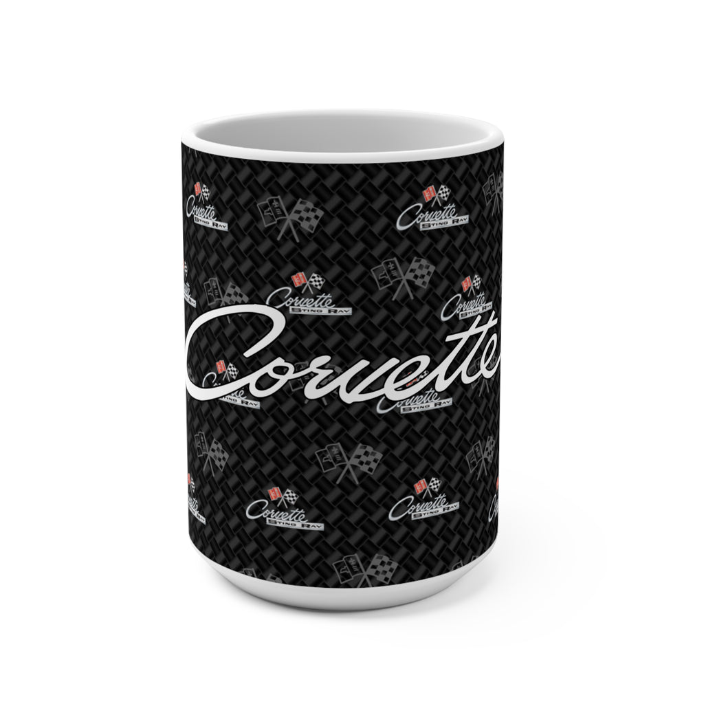 Corvette C2 15oz Ceramic Mug – Corvette Script & C2 Logos on Carbon Background