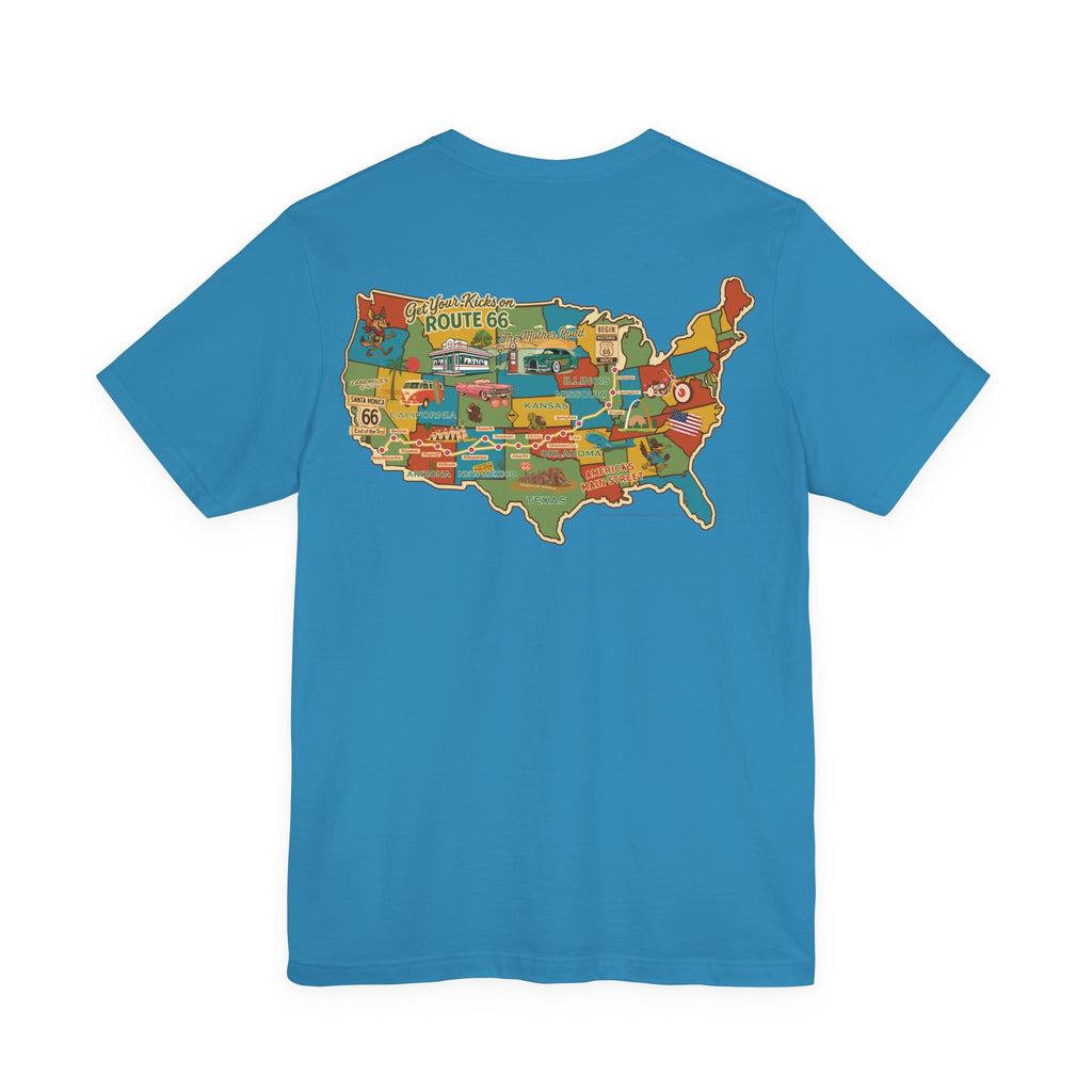 Legends of Route 66 100th Anniversary Landmark Map Design Cotton Front and Back Printed Short Sleeve Tee